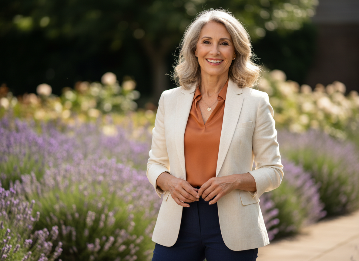 A confident, smiling older woman in her 50s or 60s, well-dressed, warm and approachable, natural lighting, lifestyle photography style