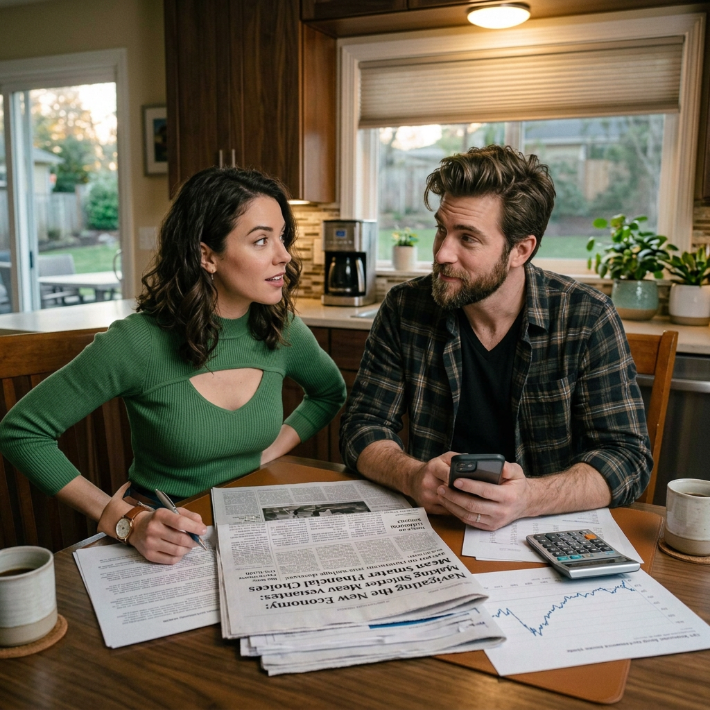Couple reviewing finances and discussing inflation impact