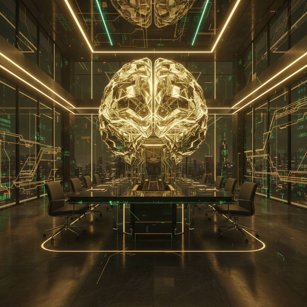 A sophisticated, premium illustration representing artificial intelligence — a sleek, modern glass building or boardroom bathed in warm golden and deep green light, with subtle digital network patterns overlaid, evoking wealth, strategy, and technology. Lush, natural tones — deep forest green, warm gold, rich amber — with a cinematic, editorial photography style that feels polished and aspirational. No text.